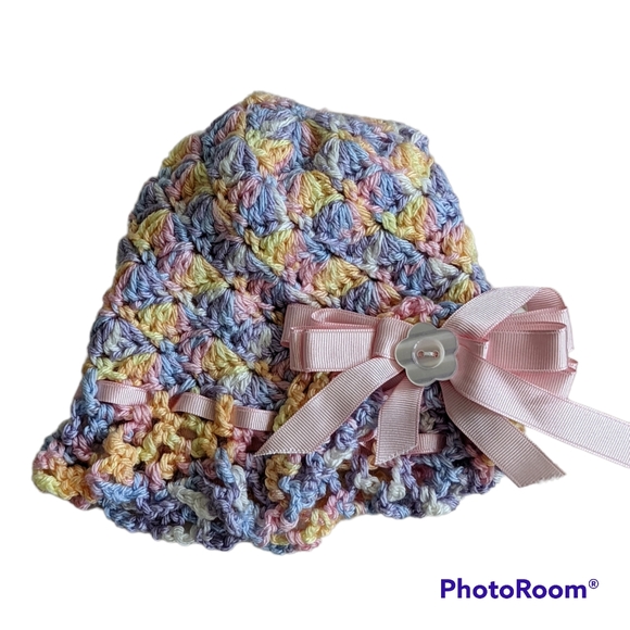 Hand Crocheted Multi Color Pastel Infant Size Beanie Hat with Pink Ribbon Bow - Picture 5 of 8